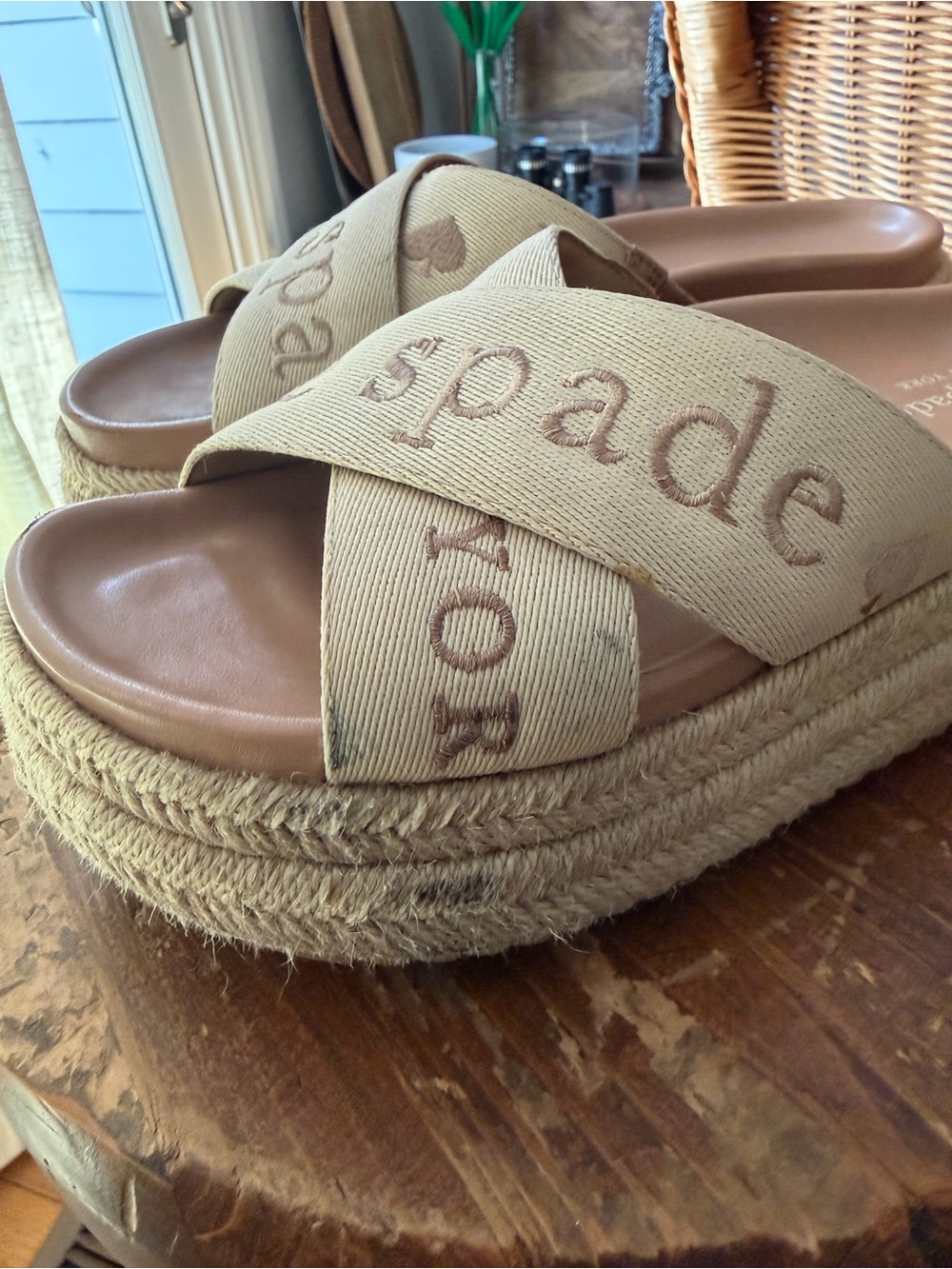 kate spade Neutral Beige Crisscross Espadrille Platform Slides - Picture 6 of 6